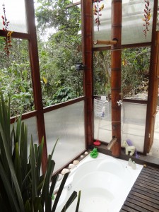 bañera  empotrada en el piso con ducha de bambú